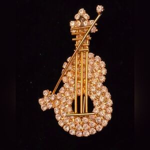 Gold Rhinestone Violin Brooch
